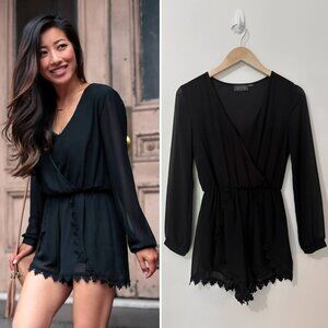 ASTR Long Sleeve Cross Front Lace Trim Romper Black XS